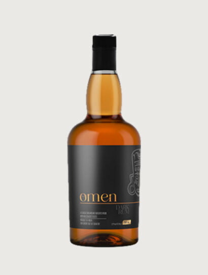 Omen Black Rum, aged 10 years in oak barrels, delivers a smooth blend of tropical fruits, caramel, vanilla, and a smoky sugar cane finish.