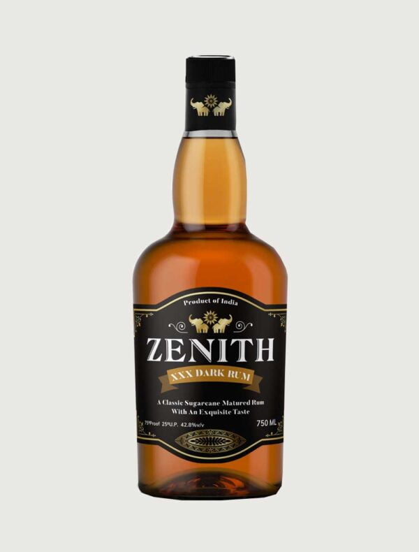 Zenth Dark Rum: A meticulously aged sugar cane rum with a smooth palate of tropical fruits, caramel, and vanilla, finishing with smoky liquor notes and sugar cane richness. Made in India Dark Rum made by Matured Barrels.